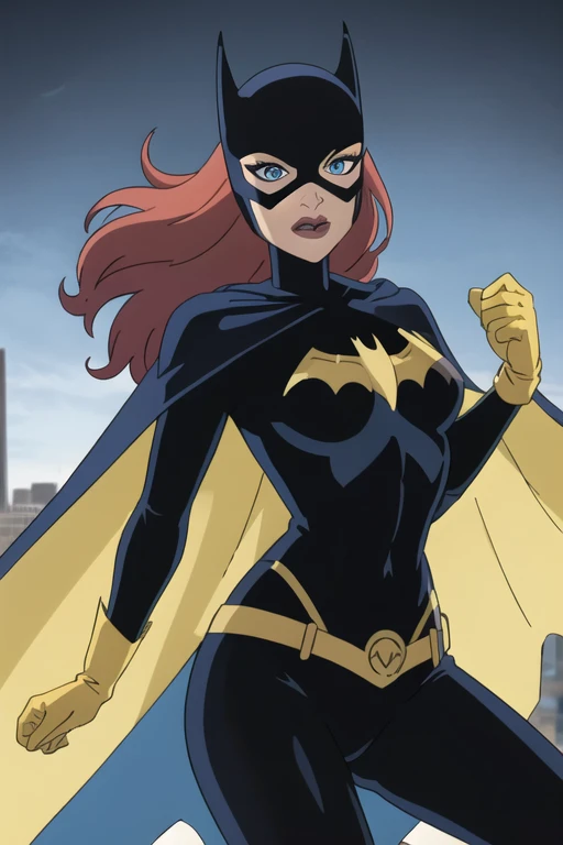 BarbaraG, 1girl, solo, blue cape, mask, belt, gloves, blue eyes, superhero, long hair, bodysuit, lipstick, batgirl