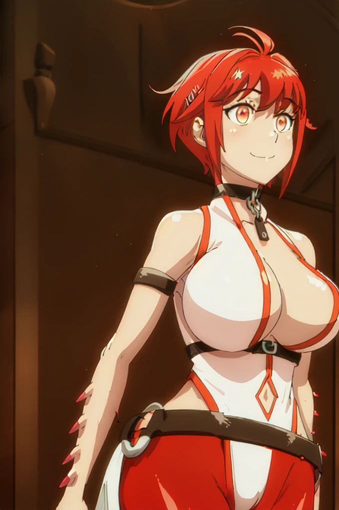 red_hair,short_hair, yellow eyes,bangs, huge breasts, 1girl, 20yo,Young female,Beautiful Finger,Beautiful long legs,Beautiful body,(White_Sleeveless_Shirt),(Black_Choker), timid smile, happy, arm_strap, armband, bare_shoulders,red pants,belt,Deep cleavage, (bursting breasts), (navel:1.1),cleavage cutout, ((fullbody)), 