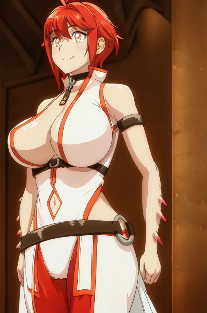 red_hair,short_hair, yellow eyes,bangs, huge breasts, 1girl, 20yo,Young female,Beautiful Finger,Beautiful long legs,Beautiful body,(White_Sleeveless_Shirt),(Black_Choker), timid smile, happy, arm_strap, armband, bare_shoulders,red pants,belt,Deep cleavage, (bursting breasts), (navel:1.1),cleavage cutout, ((fullbody)), 