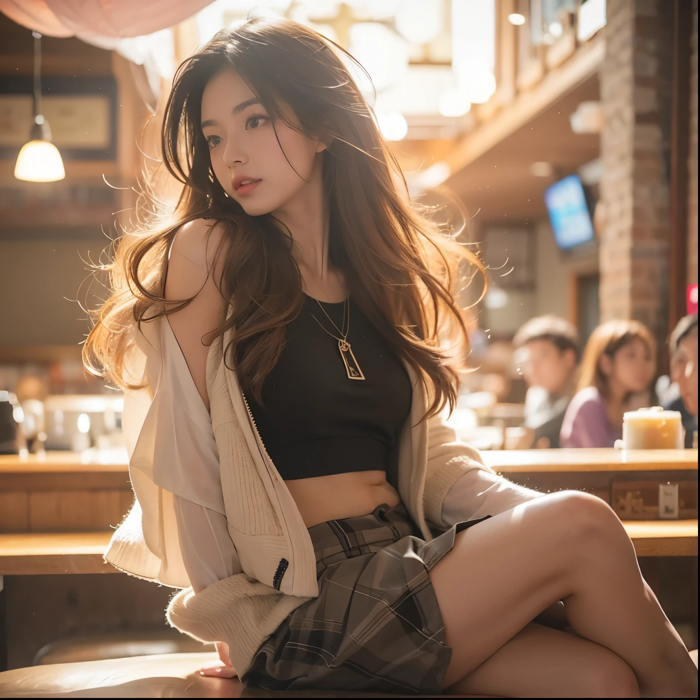 Beautiful Japanese Waifu, early 30s, brunette hair, cropped black vest, mini skirt, sitting in a busy pub