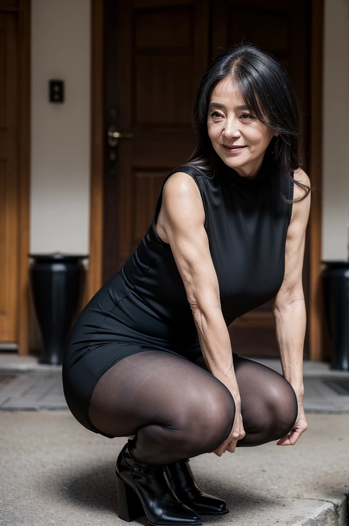 (masterpiece:1.4),(Beautiful 66 year old woman:1.5),(Facial wrinkles : 1.2), (facing away : 1), smile, (long hair : 1.1), (sleeveless black mourning dress), (black nylon tights : 1.2), (black high-heel), Motherhood Mature Woman, plump arms, plump thighs, (focus on thighs : 1), squatting , on knees, entrance, japanese house