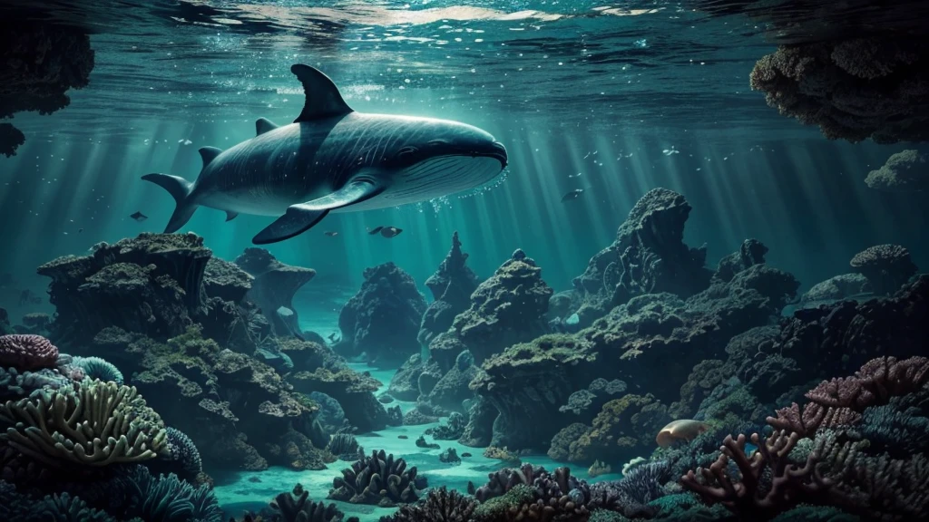 "A high-resolution, realistic, fantastical, and serene deep-sea city scene viewed from the ocean floor looking up towards the water surface. The city is very large with futuristic buildings, domes, and spires, completely submerged in clear emerald green water. The scene has a magical and tranquil atmosphere, with soft glowing lights illuminating the city. The water is deep, creating a darker and more mysterious environment. In the background, the silhouette of a whale can be seen. The city is surrounded by vibrant marine life and coral formations, capturing the enchanting beauty of the underwater city. The theme color is emerald green, highlighting the underwater environment. The aspect ratio is 16:9."