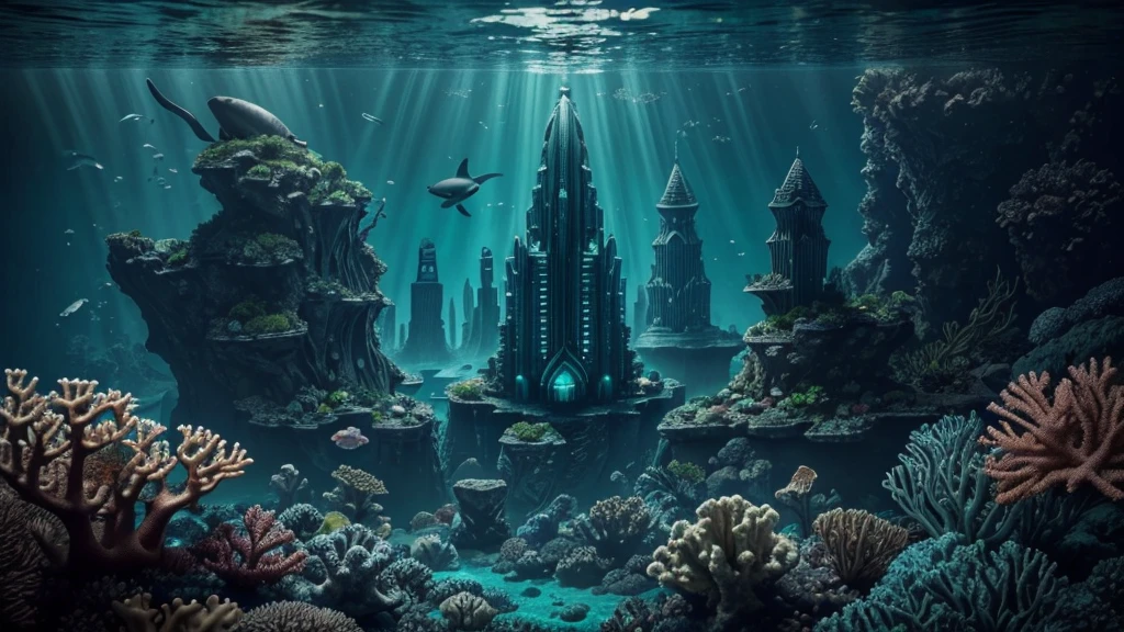 "A high-resolution, realistic, fantastical, and serene deep-sea city scene viewed from the ocean floor looking up towards the water surface. The city is very large with futuristic buildings, domes, and spires, completely submerged in clear emerald green water. The scene has a magical and tranquil atmosphere, with soft glowing lights illuminating the city. The water is deep, creating a darker and more mysterious environment. In the background, the silhouette of a whale can be seen. The city is surrounded by vibrant marine life and coral formations, capturing the enchanting beauty of the underwater city. The theme color is emerald green, highlighting the underwater environment. The aspect ratio is 16:9."