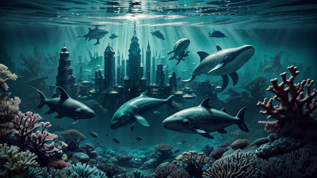 "A high-resolution, realistic, fantastical, and serene deep-sea city scene viewed from the ocean floor looking up towards the water surface. The city is very large with futuristic buildings, domes, and spires, completely submerged in clear emerald green water. The scene has a magical and tranquil atmosphere, with soft glowing lights illuminating the city. The water is deep, creating a darker and more mysterious environment. In the background, the silhouette of a whale can be seen. The city is surrounded by vibrant marine life and coral formations, capturing the enchanting beauty of the underwater city. The theme color is emerald green, highlighting the underwater environment. The aspect ratio is 16:9."