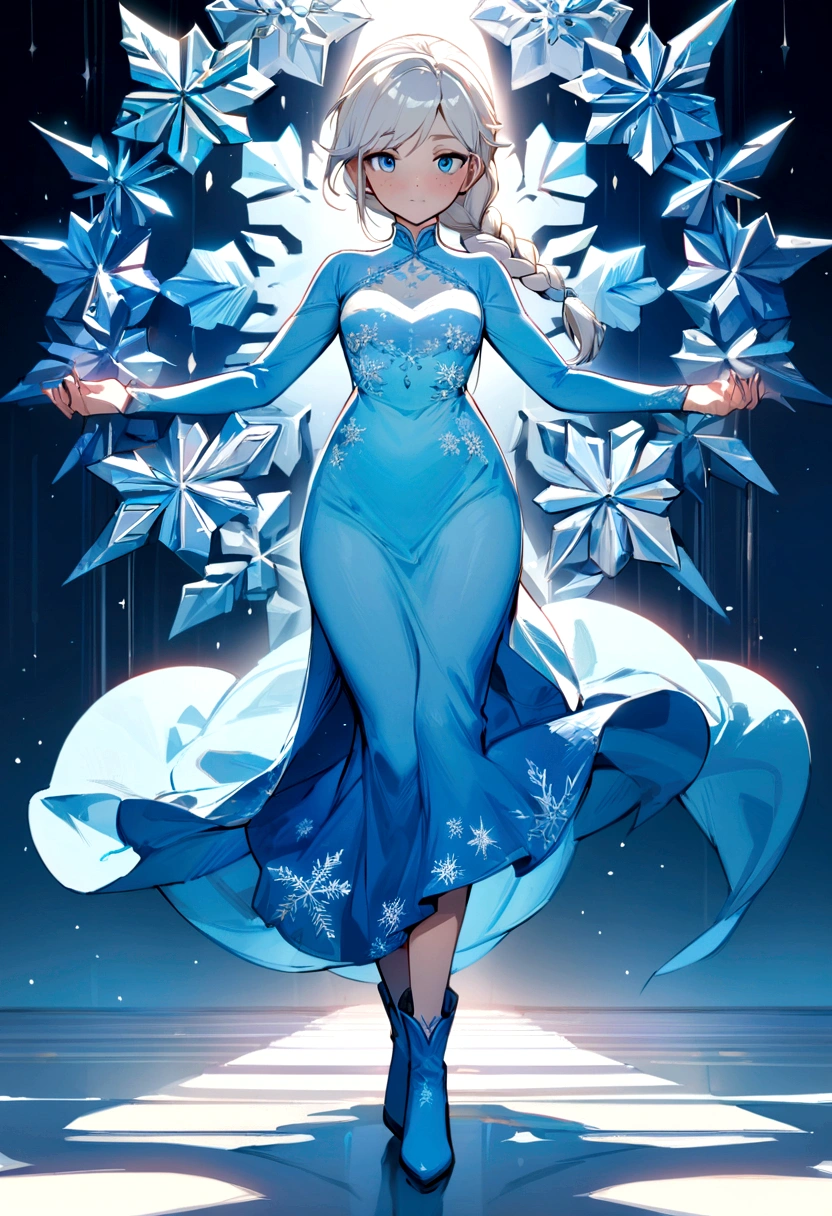 ((best quality)), ((masterpiece)), (detailed), 1girl, elsa from frozen, white hair, thick braided hair, blue dress, blue boots, snowflake on dress, full body, blue eyes, freckles