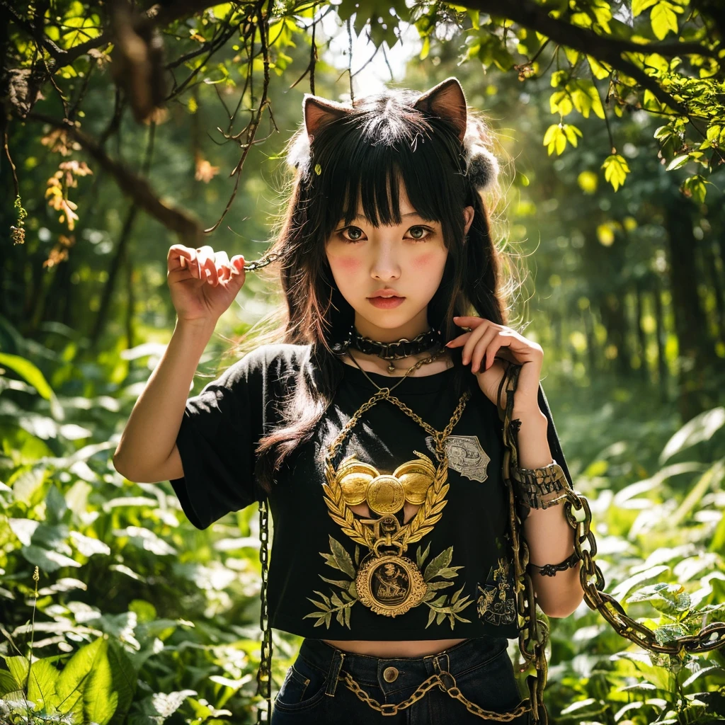 forest, catgirl, black cropped t-shirt adorned with medals and chains, black jeans adorned with chains and patches, beams of sunlight shining through the canopy, yellow eyes, calico fur, beautifully lit, insanely detailed, stunning environment