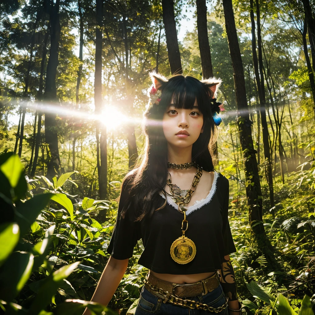 forest, catgirl, black cropped t-shirt adorned with medals and chains, black jeans adorned with chains and patches, beams of sunlight shining through the canopy, yellow eyes, calico fur, beautifully lit, insanely detailed, stunning environment