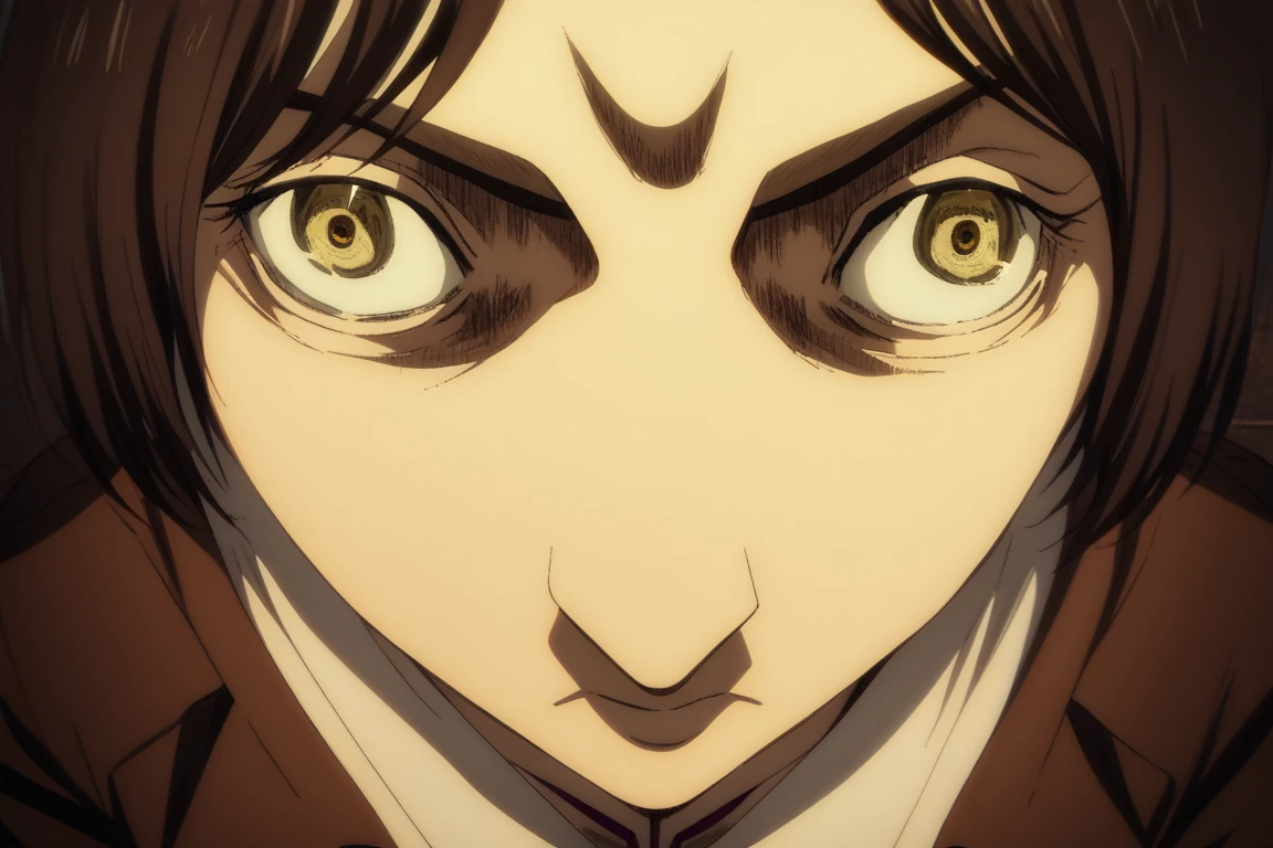 score_9, score_8_up, score_7_up, insanity-angle, 1girl, letterboxed,brown hir, short hair, yellow eyes,  shingeki_no_kyojin_s4_style