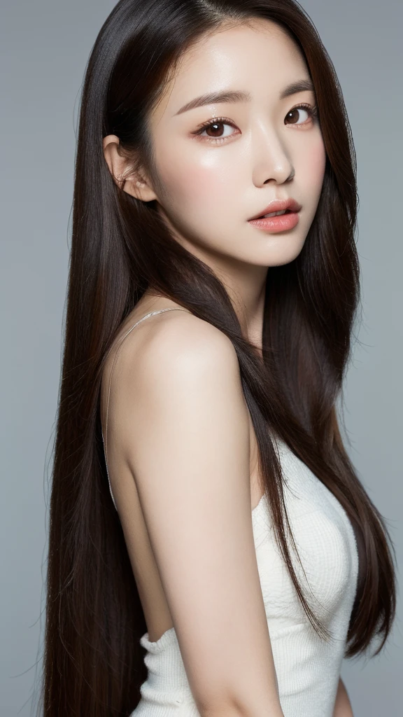 (lifelike， high resolution：1.3）， 1 Korean girl with a slender body，Yoo Na Kim, fine face and eyes，long straight hair, full lips, long eyelashes, front view