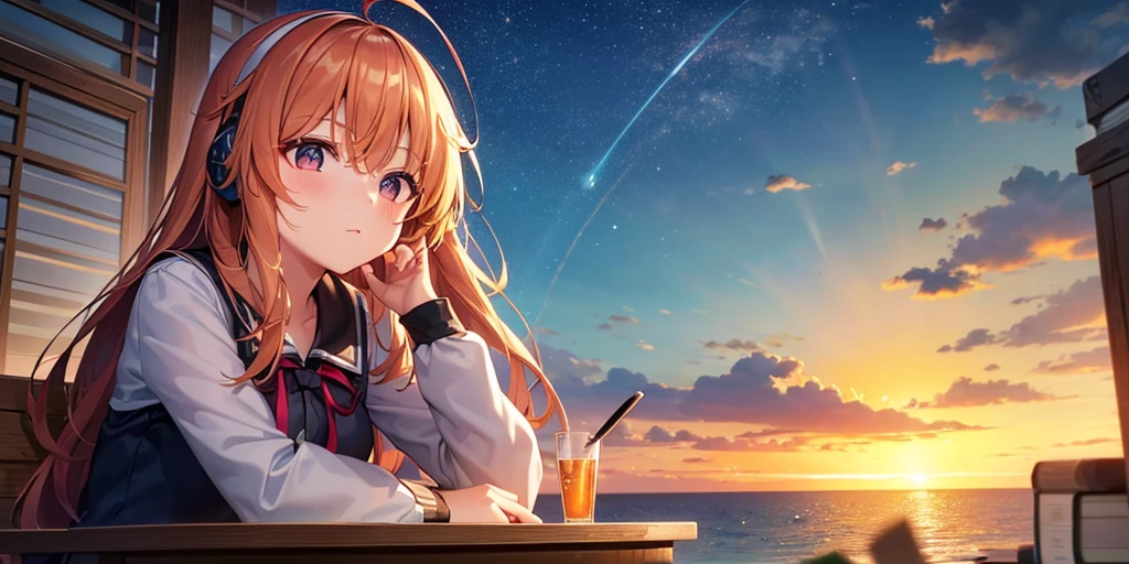 There is a girl sitting on a small rock by the sea, where the setting sun is shining beautifully.。She has bright anime-like hair and、With sparkling eyes、I have headphones on my head。She is studying while listening to music.。
Around her、Important study materials are placed here。There are open notebooks and textbooks on the desk.、She was holding a pen with a serious expression.、Writing letters、I'm taking notes.。Her favorite music playlist is、Played from a smartphone or music player、The rhythm of the music keeps her mind sharp and focused.。
In the background、The setting sun paints the sky、Orange and pink light spreads。The ocean waves are calm and、The sound of the stones hitting the rocks matches the rhythm of her studies.。The glow of the setting sun enveloped her、There's a happy smile on her face。
Her posture and facial expression、Music fills her heart、Make sure you convey your growing passion for studying.。Around her、Her favorite things and items related to her studies are displayed.、Express her interests and personality。
Use this prompt to、The glow of the setting sun and the sound of music come together、Please draw a picture of a girl concentrating on her studies in a comfortable space.。