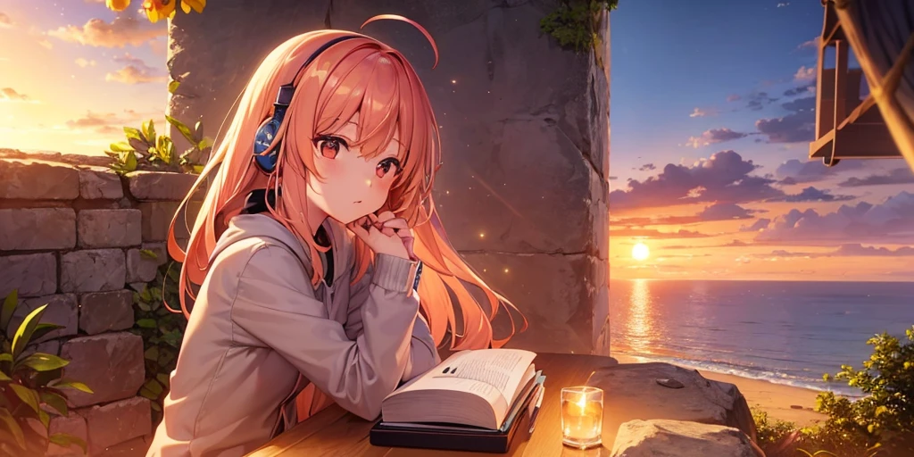 There is a girl sitting on a small rock by the sea, where the setting sun is shining beautifully.。She has bright anime-like hair and、With sparkling eyes、I have headphones on my head。She is studying while listening to music.。
Around her、Important study materials are placed here。There are open notebooks and textbooks on the desk.、She was holding a pen with a serious expression.、Writing letters、I'm taking notes.。Her favorite music playlist is、Played from a smartphone or music player、The rhythm of the music keeps her mind sharp and focused.。
In the background、The setting sun paints the sky、Orange and pink light spreads。The ocean waves are calm and、The sound of the stones hitting the rocks matches the rhythm of her studies.。The glow of the setting sun enveloped her、There's a happy smile on her face。
Her posture and facial expression、Music fills her heart、Make sure you convey your growing passion for studying.。Around her、Her favorite things and items related to her studies are displayed.、Express her interests and personality。
Use this prompt to、The glow of the setting sun and the sound of music come together、Please draw a picture of a girl concentrating on her studies in a comfortable space.。