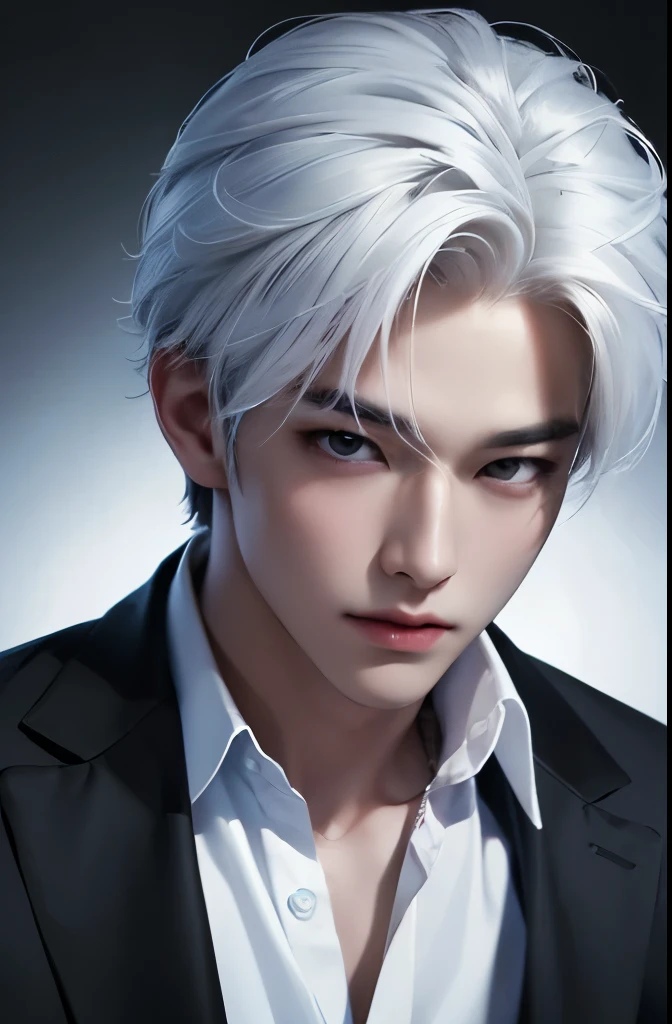 ((best quality, 8K, masterpiece: 1.3)), handsome korean boy, white hair, fair skin, black shirt, black wallpaper, korean actor, portrait