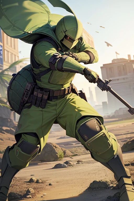 turtle soldier using a turtle shell as a shield to deflect enemy bullets