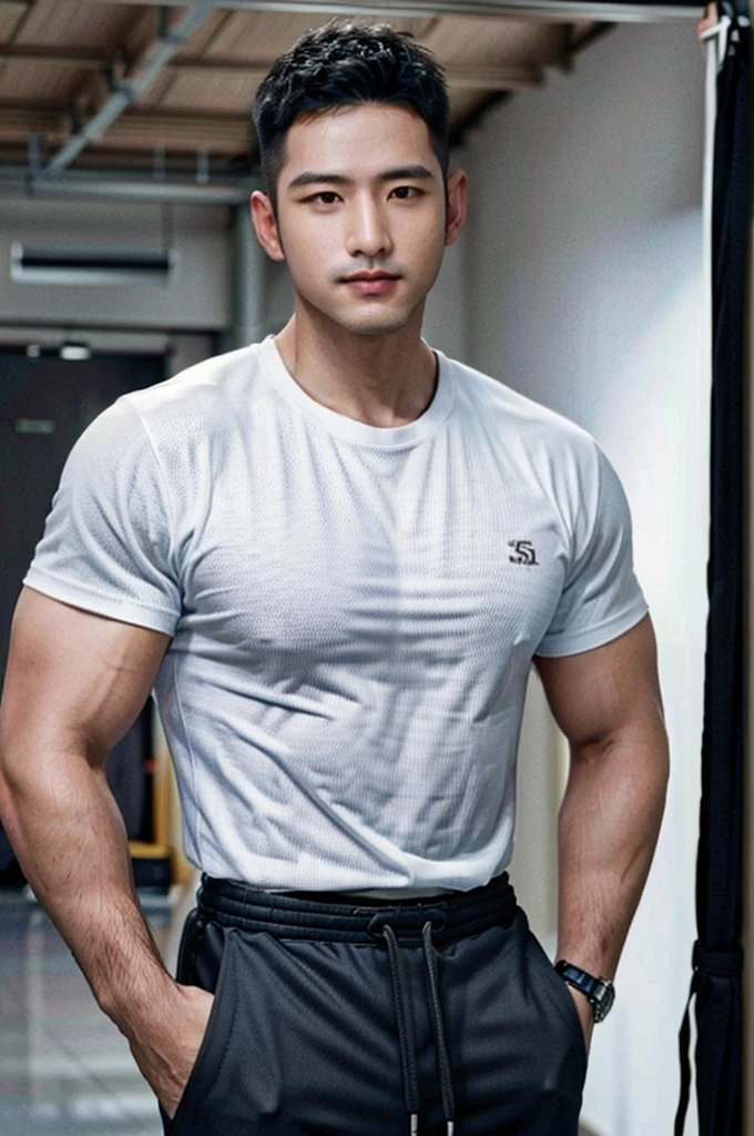 Masterpiece, best quality, high resolution, realistic, handsome, Take beautiful photos, Sayk, NRF, Photo of the 35 year old gym association (man:1.2) Portrait, standing in the gym , make military media, weight, Amazing , Buzzcut short hair,stubble head , (Hyper Muscle),looking at the audience, Flirt with the camera, charming, (Tight white exercise shirt ),(GS-Male:1), 8k uh