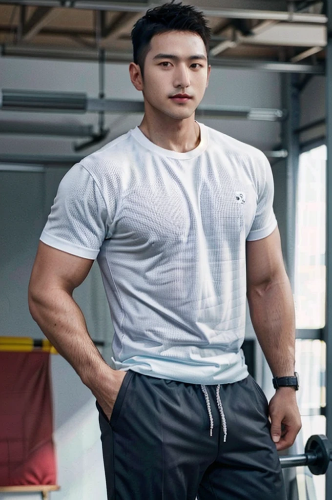 Masterpiece, best quality, high resolution, realistic, handsome, Take beautiful photos, Sayk, NRF, Photo of the 35 year old gym association (man:1.2) Portrait, standing in the gym , make military media, weight, Amazing , Buzzcut short hair,stubble head , (Hyper Muscle),looking at the audience, Flirt with the camera, charming, (Tight white exercise shirt ),(GS-Male:1), 8k uh