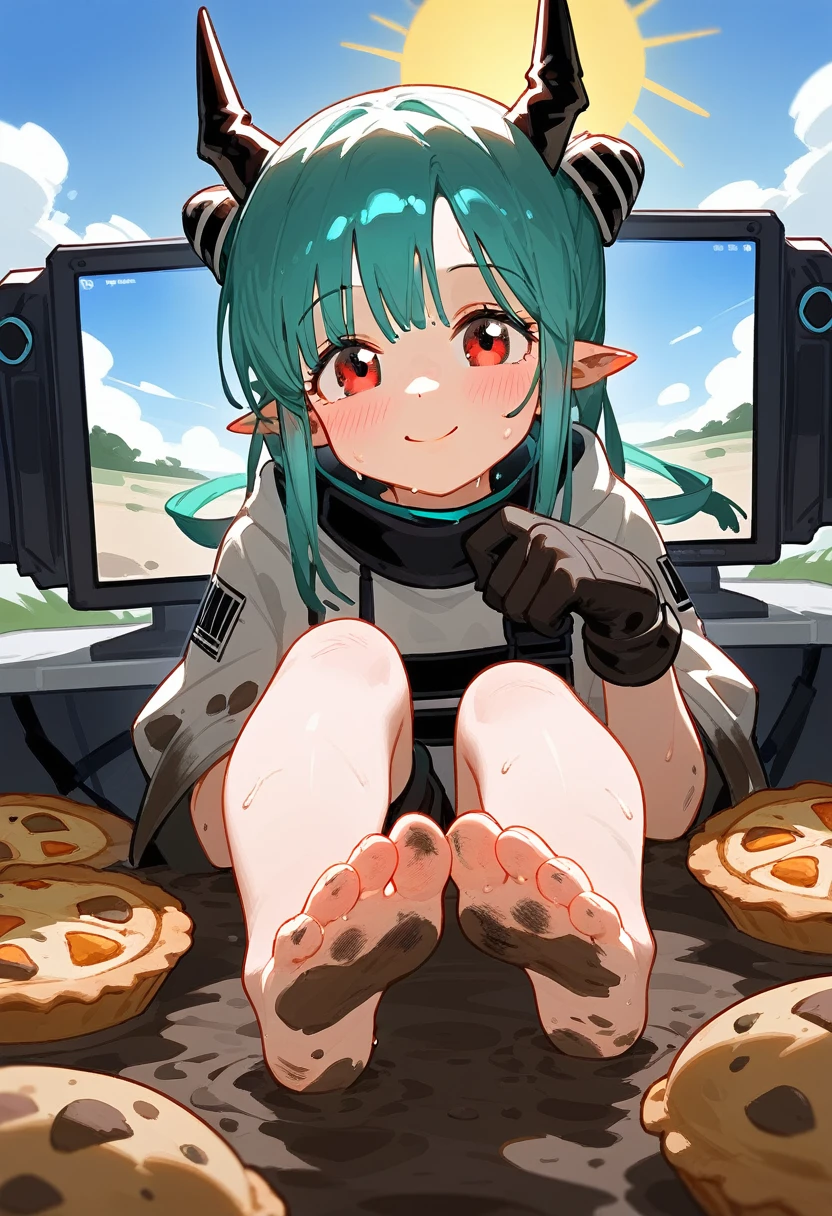 score_9,score_8_above,score_7_above,1 girl,mud rock (arknights),dirty,pies,gloves,hull,horns,sunes,Red eyes,barefoot,pointy ears,old,suno,wide,by white,black gloves,toes,hull de seguridad,Foot focus,looking at the viewer,session,sweat,Chapped lips,dirty pies,tenure,outdoor,sky,hits,oripathy lesion (BULMA),day,SMILE,blush,demon horns,infection monitor (arknights),foreshortening,sun,