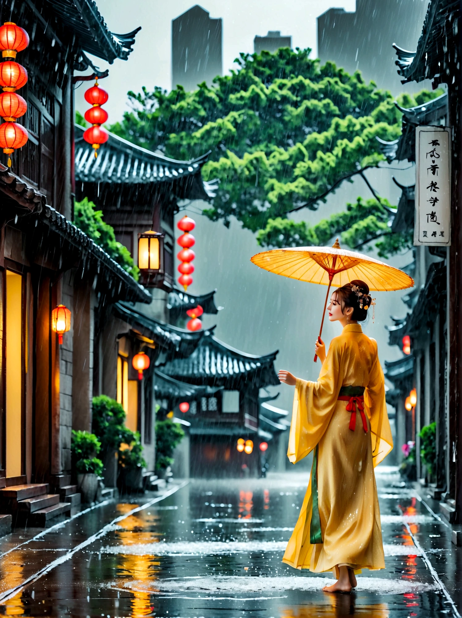 (Heavy rainy days)，1girl，((beautiful eyes))，((Perfect and refined limbs))，Dancing happily in the pouring rain，City，The streets are wet，闪闪发Light，reflection着City的灯Light，Raindrops poured down around her，Falling on the ground with splashes of water，Her clothes were soaked with rain，Dancing happily，She spins，Arms raised to the sky，Let the rain wash her skin，She has a joyful energy that is contagious，她的笑容比任何路灯都更能照亮灰色的City景观，(masterpiece，Best quality:1.2)，lifelike，Reality，梦幻般的Light芒，错综复杂的detail，Ultra Detailed，detail，High contrast，美丽细致的Light芒，Bright，更多detail，精细发Light，very fine 8K CG wallpaper，Depth of Field，Abuse of color difference，Soft colors，非常精致的Light线，眩Light，Light，Light粒子，reflection，