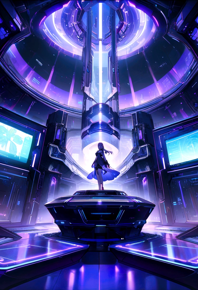 Purple and blue lights on、Futuristic room with a computer in the center