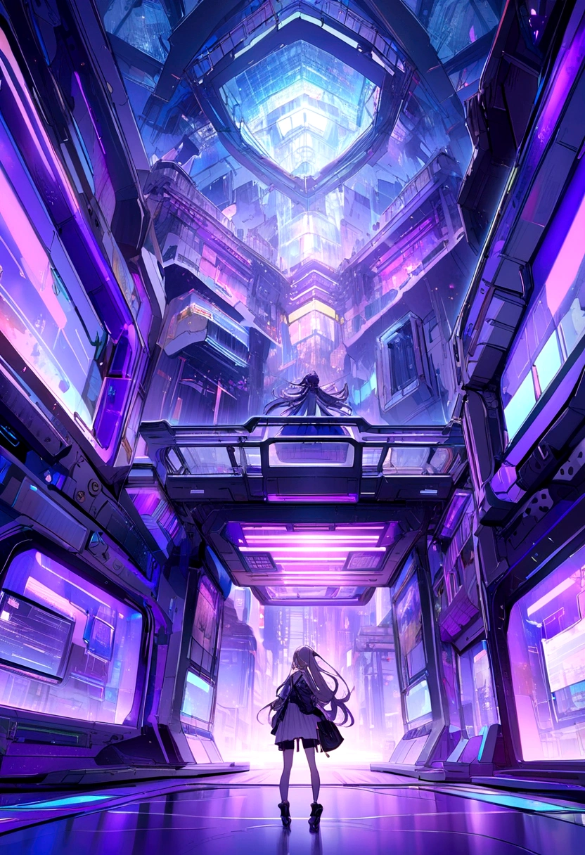 Purple and blue lights on、Futuristic room with a computer in the center
