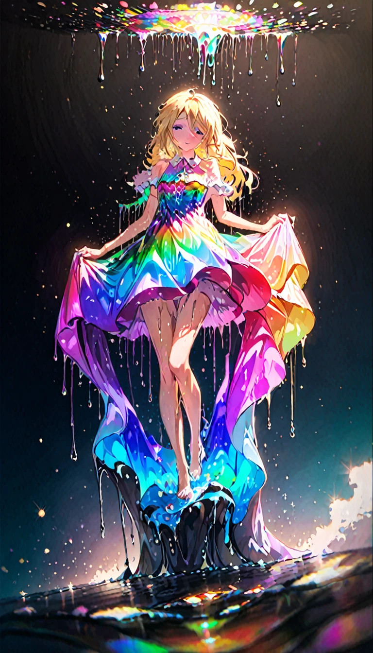 By rella, Beautiful blonde woman, with wax dress melting and dripping down the body (masterpiece: 1.2), (best quality), 4k, ultra-detailed, (dynamic composition: 1.4), highly detailed, colorful details, (iridescent colors: 1.2), (bright lighting, atmospheric lighting), dreamy, magical, (solo: 1.2)