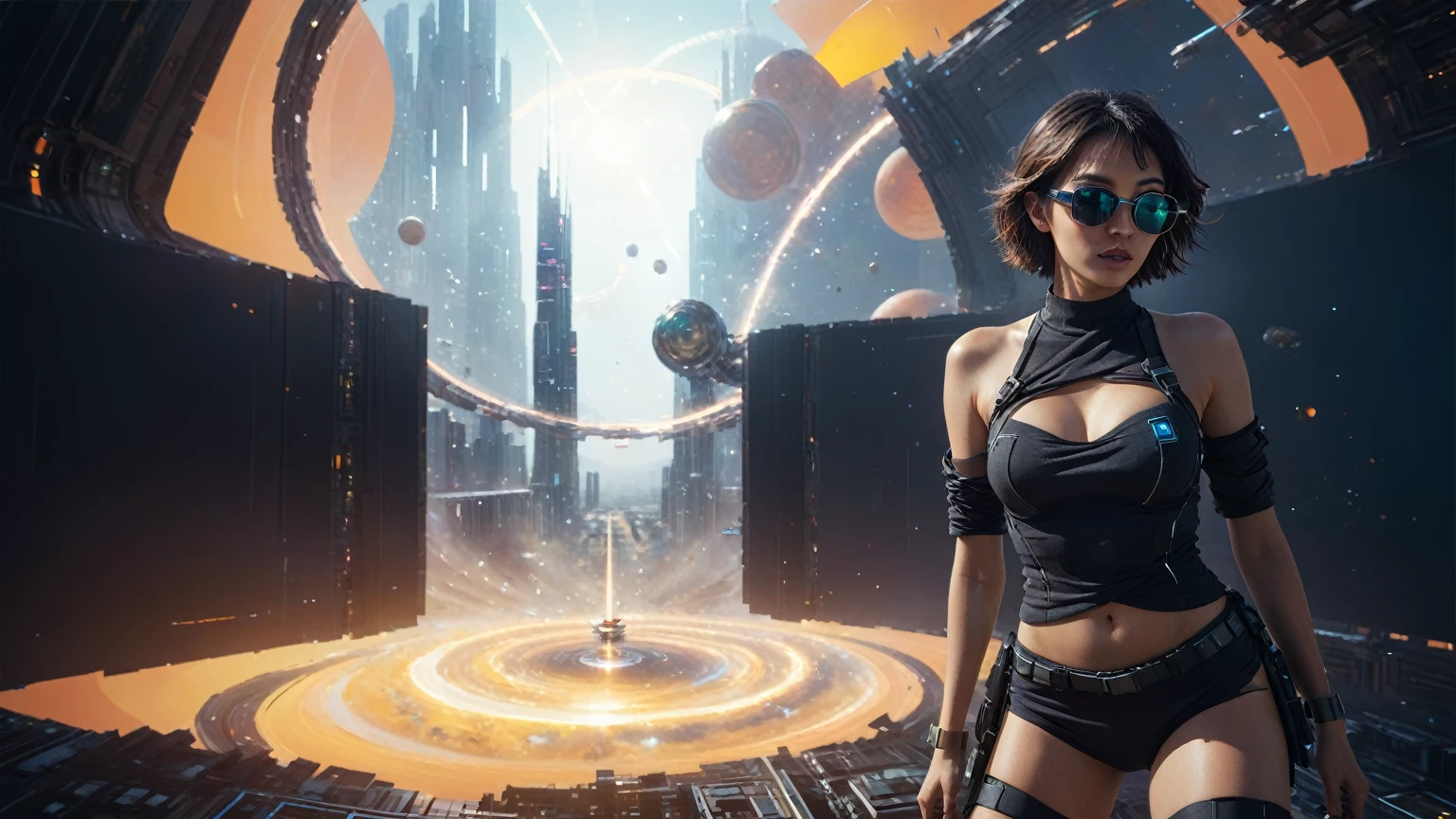aerial view. brightly colored abstract image of a space station with a spiral, epic beautiful space scifi, chaotic cinematic space rift, greg beeple, planets colliding, beeple and tim hildebrandt, beeple and jean giraud, end of the universe, galaxy space sci-fi, ringworld, by Mike "Beeple" Winkelmann. Matrix style, (((((Matrix cascading code))))), (((((a futuristic twin tower skyscraper with a unique twisted design))))), (((((OLED GUI interfaces in the building))))), at night, (((((1girl, solo))))), photo realistic, (((large-breast:1.lim body, cleavage))), (((off broken mini sling-shirt and black sling bra, extreamly short pleated miniskirt exposing panty))), (((((running pose))))), (((((matrix style black sunglasses))))), ((((((((((aiming with a short gun)))))))))), (((((looking at camera))))), (((very low view))), (((((half-body thigh level medium shot))))), (((cinematic lighting))).