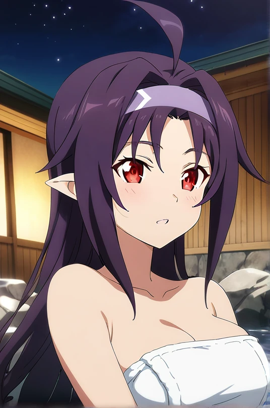 dsyuuki, purple hair, long hair, ahoge, red eyes, pointy ears, hairband, big breasts, naked towel, 1girl, big breast solo, BREAK onsen, water, outdoors, night sky, depth of field, cinematic, game cg, anime screencap, official art, masterpiece, best quality,