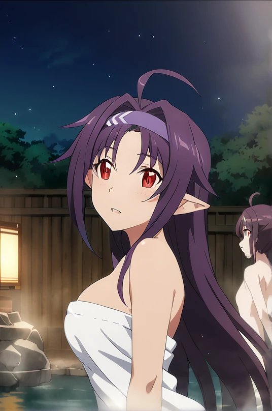 dsyuuki, purple hair, long hair, ahoge, red eyes, pointy ears, hairband, big breasts, naked towel, 1girl, big breast solo, BREAK onsen, water, outdoors, night sky, depth of field, cinematic, game cg, anime screencap, official art, masterpiece, best quality,