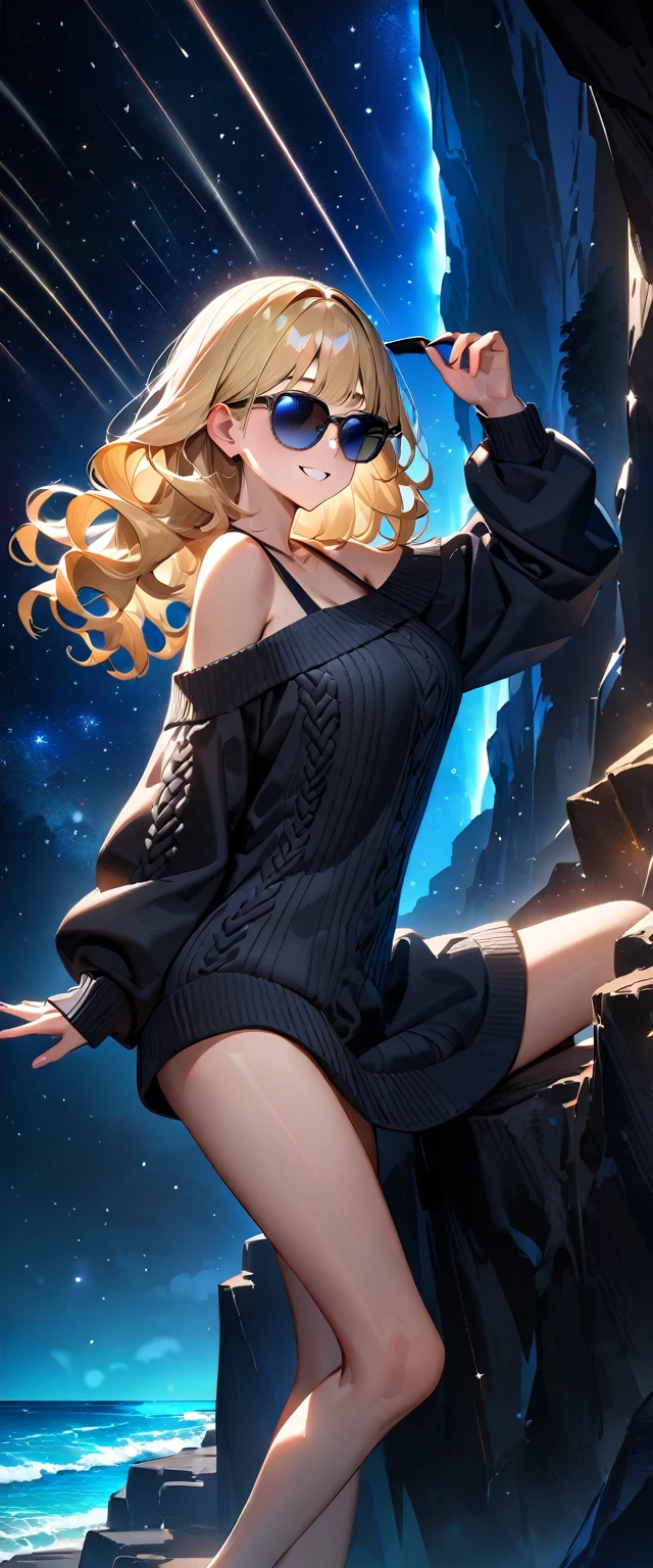 (((A meteor shower dancing in the night sky, countless stars twinkling in the clear air, A meteor shower dancing in the night sky, countless stars twinkling in the clear air))), ((bare legs)), (((sunglasses, hand to sunglasses))), (Aran sweater), ((((from side)))), upper body, ((sitting on the very high cliff)), wavy hair, inward curled hair, sea, beach, ((blond hair, bob cut:1.3)), breasts, teenager, (looking at viewer), oversized clothes, puffy long sleeves, ((off-shoulder sweater:1.3, Quite thick shoulder straps)), ((black sweater)), collarbone, head tilt:1.3, (((blue eyes))), happy smile, (((anime style))), (best quality, 4K, 8K, highres, masterpiece:1.2, ultra-detailed, ultra-detailed eyes, HDR, uhd, studio lighting, ultra-fine painting, sharp focus, physically-based rendering, extreme detail description, professional, vivid colors, bokeh)