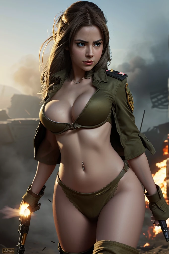 A busty female general leading an army to attack enemies, detailed face and body, beautiful eyes and lips, extremely detailed, photorealistic, 8k, hyperrealistic, digital art, dramatic lighting, muted colors, military uniform, large breasts, confident expression, dynamic pose, epic battle scene, highly detailed environment, smoke and explosions, depth of field, cinematic framing