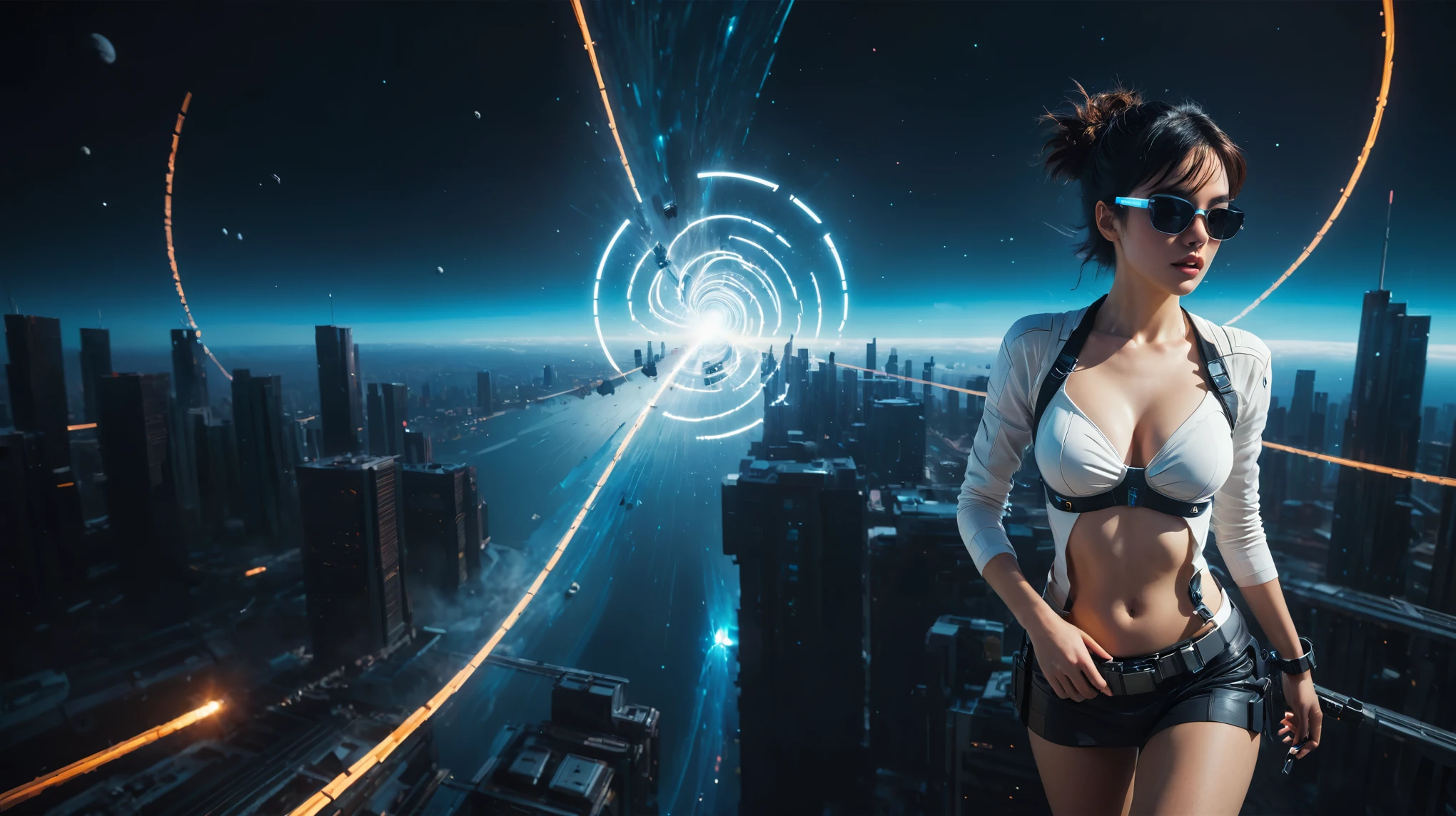 aerial view. brightly colored abstract image of a space station with a spiral, epic beautiful space scifi, chaotic cinematic space rift, greg beeple, planets colliding, beeple and tim hildebrandt, beeple and jean giraud, end of the universe, galaxy space sci-fi, ringworld, by Mike "Beeple" Winkelmann. Matrix style, (((((Matrix cascading code))))), (((((a futuristic twin tower skyscraper with a unique twisted design))))), (((((OLED GUI interfaces in the building))))), at night, (((((1girl, solo))))), photo realistic, (((large-breast:1.2 slim body, cleavage))), (((off broken mini sling-shirt and black sling bra, extreamly short pleated miniskirt exposing panty))), (((((running pose))))), (((((matrix style black sunglasses))))), ((((((((((aiming with a short gun)))))))))), (((((looking at camera))))), (((very low view))), (((((half-body thigh level medium shot))))), (((cinematic lighting))).