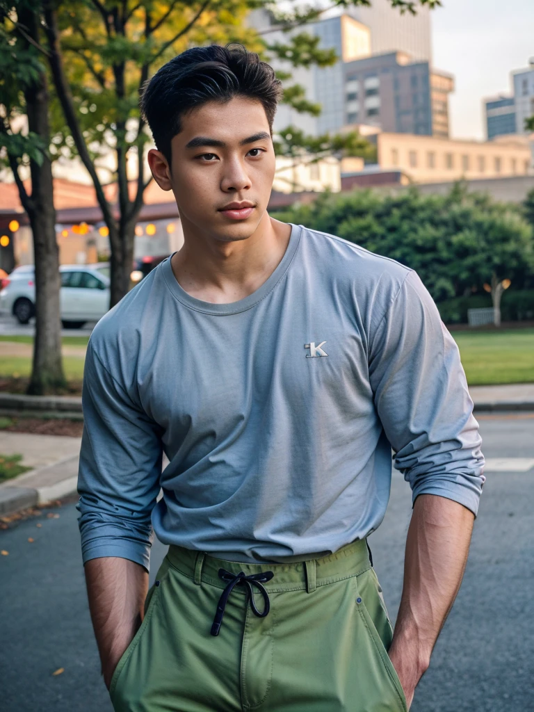 a young asian man, 20 years old, wearing a shirt and pants, dynamic movement pose, big pecs, (best quality,4k,8k,highres,masterpiece:1.2),ultra-detailed,(realistic,photorealistic,photo-realistic:1.37),HDR,UHD,rim lighting,ultra-fine painting,sharp focus,physically-based rendering,extreme detail description,professional,soft colors,bokeh,portrait,photography