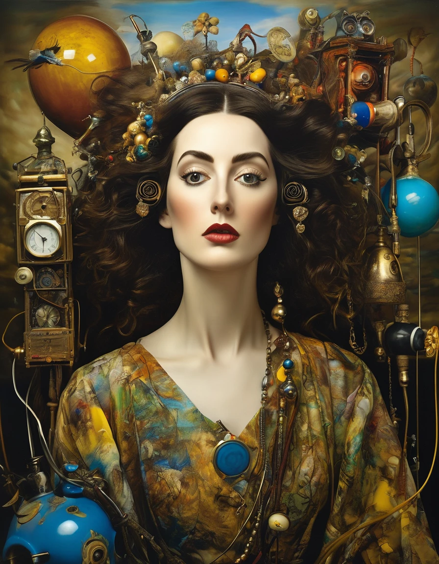 full body, a woman surrounded by assorted objects, inspired by Salvador Dali, the album is called Tripmachine, music, memory trapped in Eternal Time, Annie Liebowitz, face of mad Pulcinella, [[fantasy]], Sandra Chevrier and John Hoyland, album, father time, ( ( ( surrealism ) ) ), profile pic, instrument. epic realism, atmospheric impressionism, film dramatic realism, pre-raphaelite realism, low tone photography, hard focus realism 