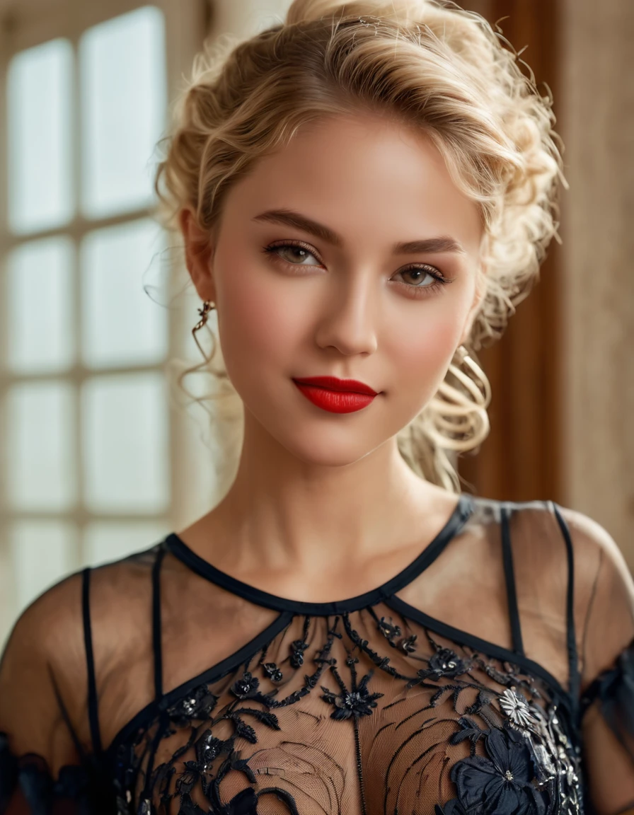 (very detailed:1.5), (no nudity:2), (1girl:1.2), (big tits:1.5), breasts, (beautiful, Swedish, blonde, (TRANSPARENT TULLE bodysuit:1.6) with black mesh pattern very tight to the body:1. 6), (semi-transparent:1.6) (with some embroidery with big floral patterns in red colour:1. 6), inside a luxurious room decorated in romantic style, (bun:1.3), (long hair:1.3), half-moon hair ornament, eyeball, half-moon earrings, make-up, seductive smile, lips parted, Hyperrealism, Sony FE GM, 85mm, f/4.0, (cowboy shot:1.5), ((best quality)), ((masterpiece)), anatomically correct