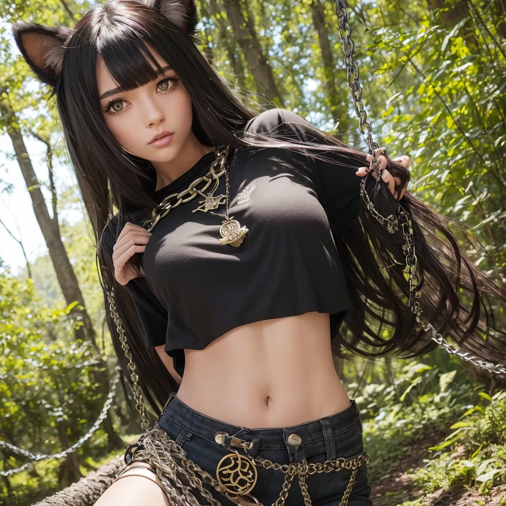 forest, catgirl, black cropped t-shirt adorned with medals and chains, black jeans adorned with chains and patches, beams of sunlight shining through the canopy, yellow eyes, calico fur, beautifully lit, insanely detailed, stunning environment