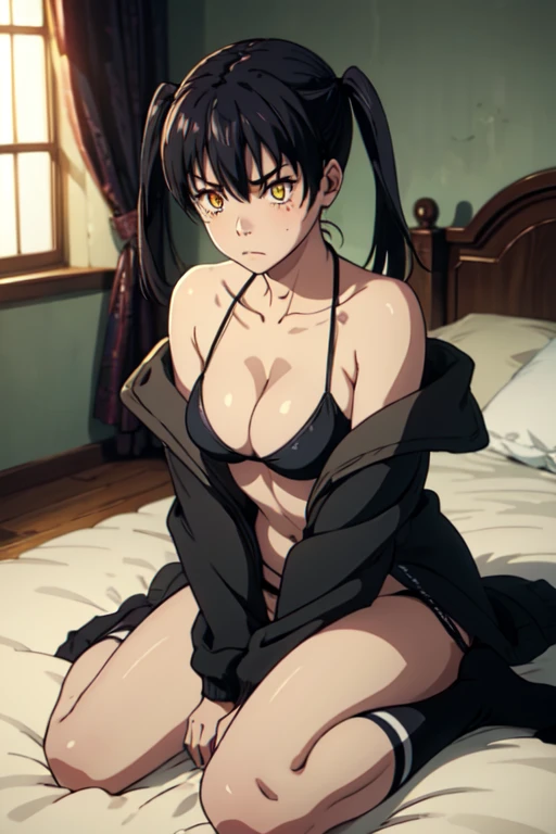 score_9, score_8_superior, score_7_superior, score_6_superior, score_5_superior, score_4_superior, BREAK Tamaki Kotatsu, One girl, Knee socks, alone, chest, superior半身, Black Hair, Twin tails, black bikini, Swimwear, Knee socks、coat, medium chest, bikini, black coat, chestの谷間 , on bed, Put your hand to your mouth, Sitting, Double-sided skirt, bed, View your viewers, black Knee socks,((M-shaped legs)) , Bare shoulders, No sleeve, Hair between the eyes,  chest, ribbon, hand Between the legs, No shoes, Between the legs, indoor, Yellow Eyes, Hair between the eyes, bikini top only, Frowning
