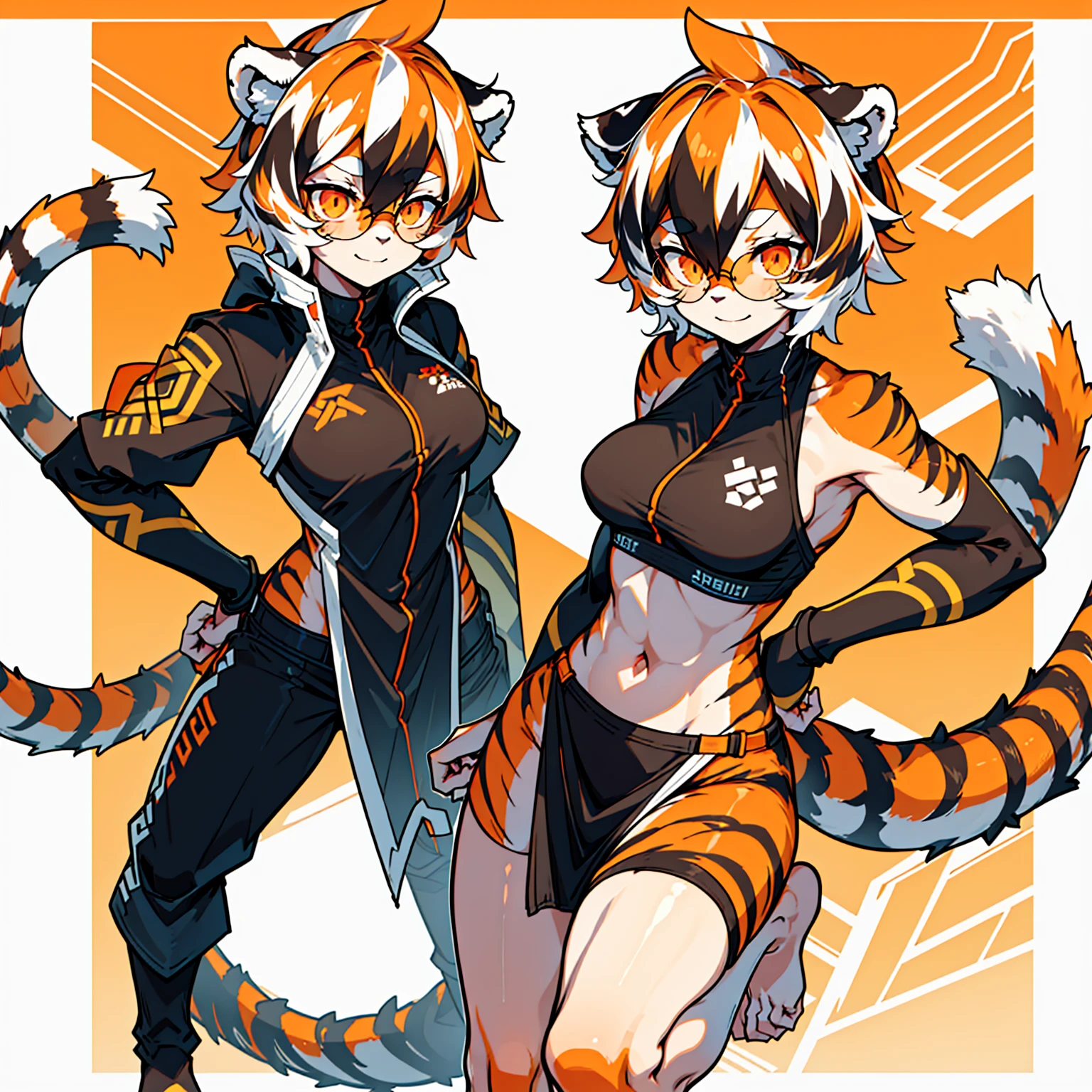 white background, full body, solo, Standing, heading up, proud , young girl, animal ears, arknights, white hair, black hair, round eyewear, glasses, OPPEIN, short hair, large breasts, muscle,tail, orange eyes, orange hair, multicolored hair, tiger girl, furry female, hair between eyes, tiger_ears, tiger_tail, waai_fu, orange-tinted_eyewear, tinted_eyewear, Sophorae, ワイフー, waai_fu_arknights, tattoo, petite, neck tattoo, big breasts, stomach tattoo, bra, panties, evil smile, Shadows under feet,text,