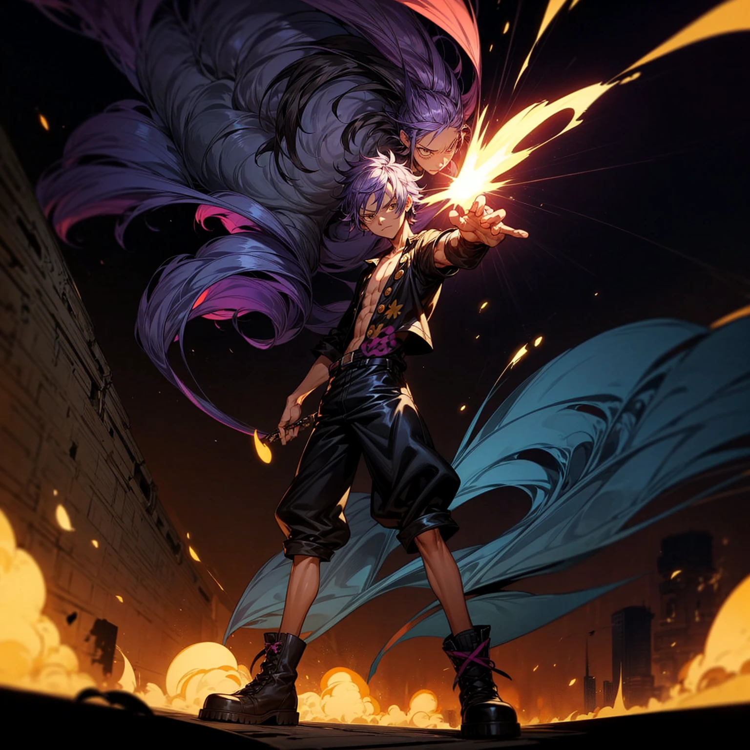 1character, full body version, character is adult male version, hazel eyes, dark purple colour hair, Shaggy hairstyle, clothing style is punk, boots, Grassroots background in city, motion blur, shadow, Black fire in hand, smoke in hand, Normal standing gesture, (one piece style art)