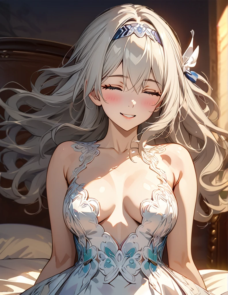 beautiful girl, long grey hair, beautiful face,smiling,close up to hips, beautiful breast, sleep on bed, hands hugging pov, (open mouth:0.4),illustration,detailed textures(realists),ultra-detailed,portrait style,vivid colors,soft lighting, blushing, mature, hair fluttering, evening light , head band, ((half body)), no bra, wearing intricate wedding dress, perky. ((side profile until hips))
