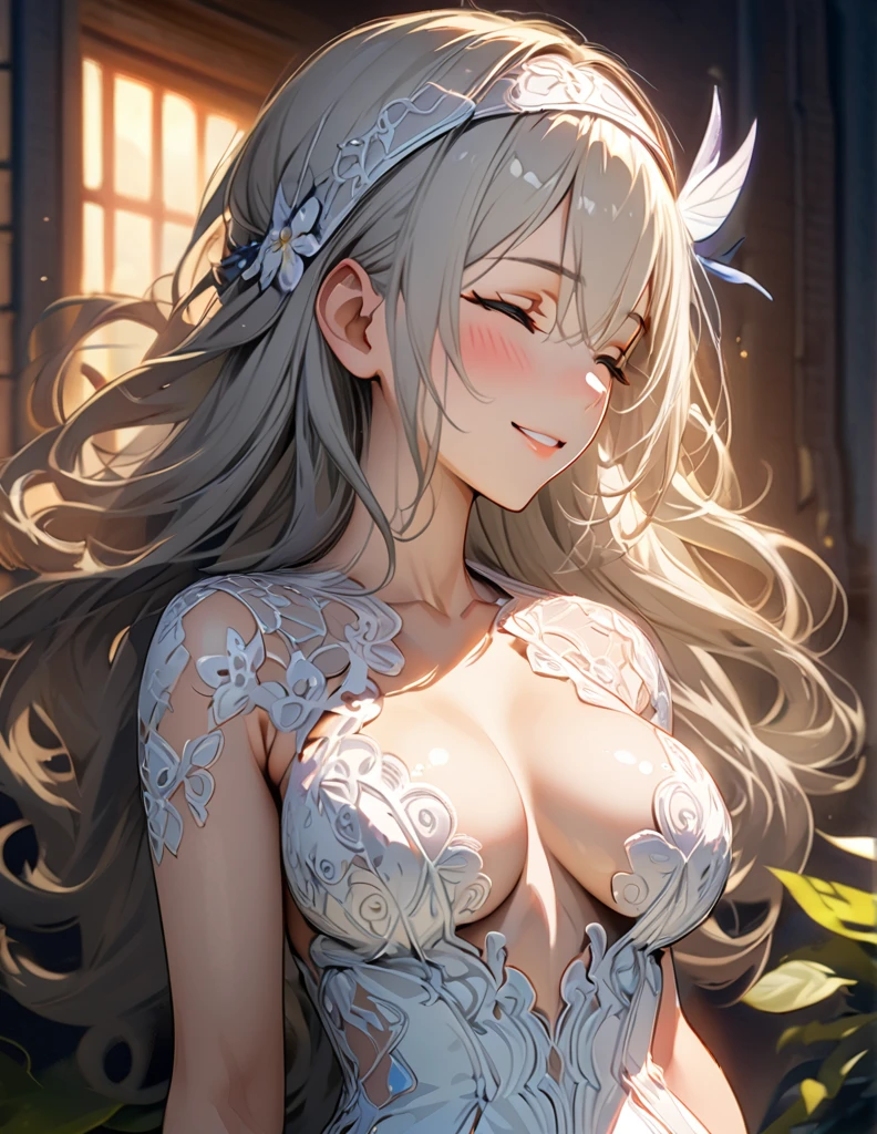 beautiful girl, long grey hair, beautiful face,smiling,close up to hips, beautiful breast, sleep on bed, hands hugging pov, (open mouth:0.4),illustration,detailed textures(realists),ultra-detailed,portrait style,vivid colors,soft lighting, blushing, mature, hair fluttering, evening light , head band, ((half body)), no bra, wearing intricate wedding dress, perky. ((side profile until hips))