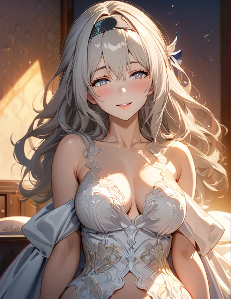 beautiful girl, long grey hair, beautiful face,smiling,close up to hips, beautiful breast, sleep on bed, hands hugging pov, (open mouth:0.4),illustration,detailed textures(realists),ultra-detailed,portrait style,vivid colors,soft lighting, blushing, mature, hair fluttering, evening light , head band, ((half body)), no bra, wearing intricate wedding dress, perky. ((side profile until hips))