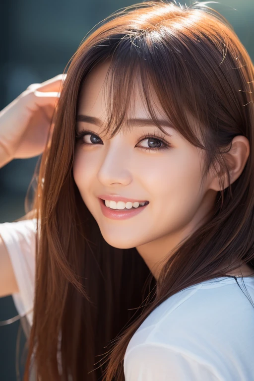 highest quality、8k、32K、Masseter muscle part、nffsw:1.3)、cute japanese girl、1 girl、long hair、profile、(crack your abs、slim body shape:1.2)、(lips) 、smiling showing teeth,（orange hair）、double eyelid、shiny skin、realistic rays of light、big、beautiful face、(laughter:1.3)、squat、(From above:1.2)、(Close-up:1.4)、coastal、white t-shirt、blurred background、(front focus)、(dark: 1.6)、fantasy art、photo realistic、professional lighting、highly detailed face、award-winning、deep shadow、((Ultra-realistic raw photos)),fine eyes,Eyes like the real thing,fine hair,