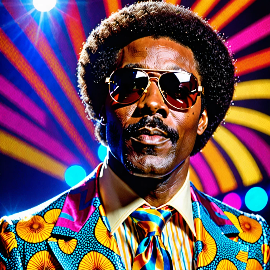 A closeup photo of Luther Diamond, a fictional 1970s R&B superstar. Luther has a stylish afro hairstyle, large aviator sunglasses, and a confident expression. He is dressed in a flashy, colorful suit with wide lapels and a bold pattern, embodying the vibrant fashion of the 1970s. The background features a stage with vibrant lighting, capturing the energetic atmosphere of a live performance. This image showcases Luther as a charismatic and legendary performer from the era.