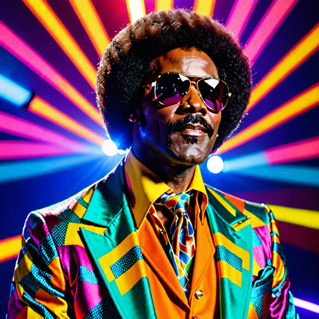 A closeup photo of Luther Diamond, a fictional 1970s R&B superstar. Luther has a stylish afro hairstyle, large aviator sunglasses, and a confident expression. He is dressed in a flashy, colorful suit with wide lapels and a bold pattern, embodying the vibrant fashion of the 1970s. The background features a stage with vibrant lighting, capturing the energetic atmosphere of a live performance. This image showcases Luther as a charismatic and legendary performer from the era.