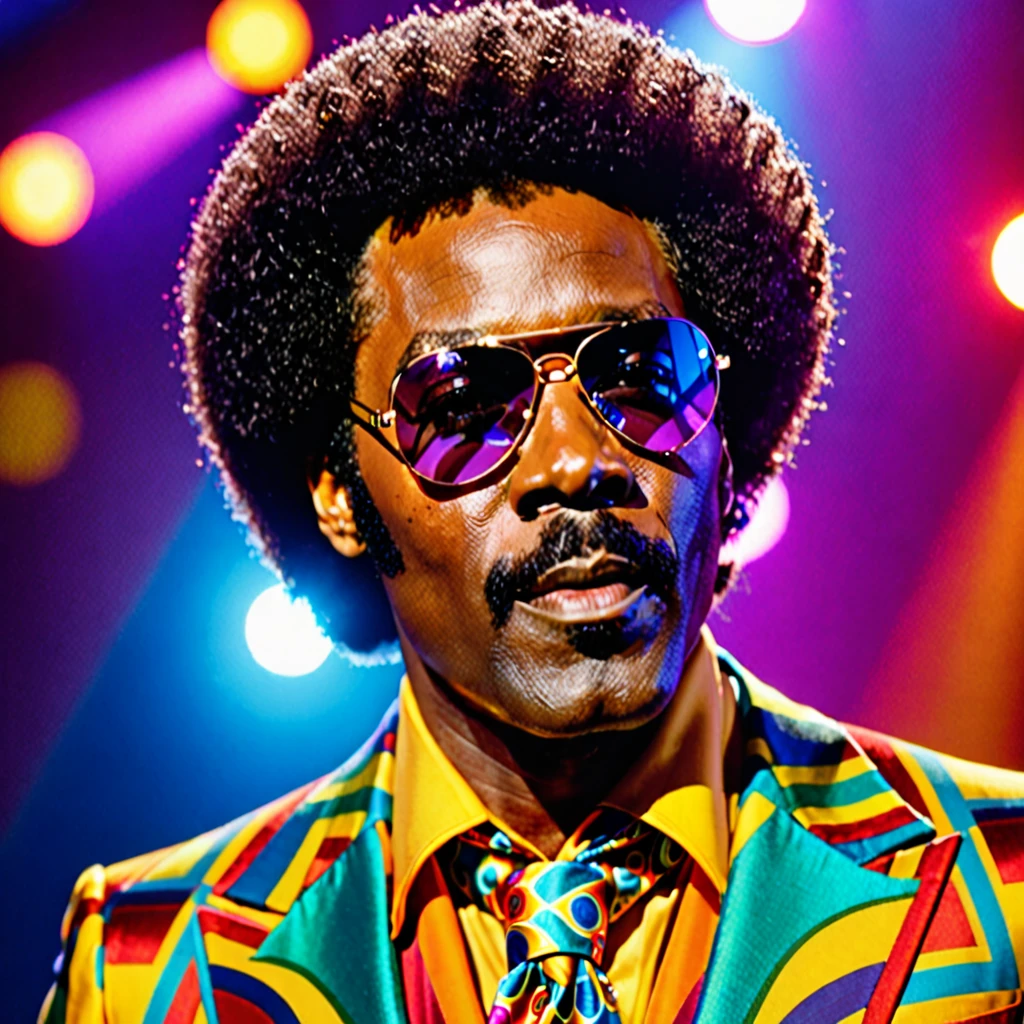 A closeup photo of Luther Diamond, a fictional 1970s R&B superstar. Luther has a stylish afro hairstyle, large aviator sunglasses, and a confident expression. He is dressed in a flashy, colorful suit with wide lapels and a bold pattern, embodying the vibrant fashion of the 1970s. The background features a stage with vibrant lighting, capturing the energetic atmosphere of a live performance. This image showcases Luther as a charismatic and legendary performer from the era.