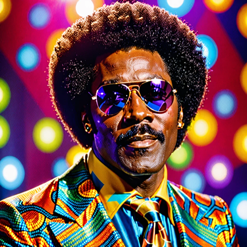 A closeup photo of Luther Diamond, a fictional 1970s R&B superstar. Luther has a stylish afro hairstyle, large aviator sunglasses, and a confident expression. He is dressed in a flashy, colorful suit with wide lapels and a bold pattern, embodying the vibrant fashion of the 1970s. The background features a stage with vibrant lighting, capturing the energetic atmosphere of a live performance. This image showcases Luther as a charismatic and legendary performer from the era.