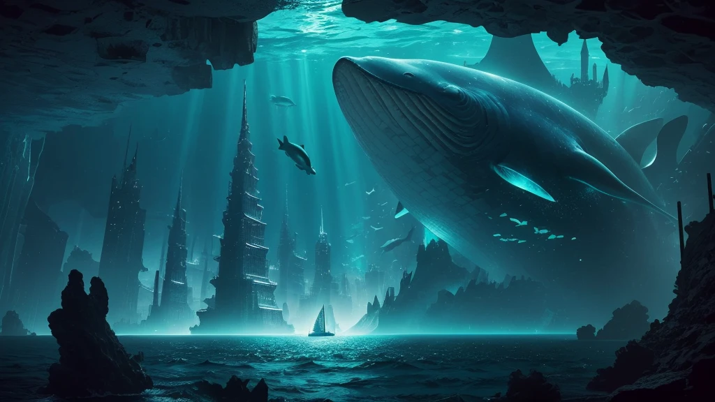 "A high-resolution, realistic, fantastical, and serene deep-sea city scene viewed from the ocean floor looking up towards the water surface. The city is very large with futuristic buildings, domes, and spires, completely submerged in clear emerald green water. The scene has a magical and tranquil atmosphere, with soft glowing lights illuminating the city. The water is deep, creating a darker and more mysterious environment. In the background, the silhouette of a whale can be seen. The city is surrounded by vibrant marine life and coral formations, capturing the enchanting beauty of the underwater city. The theme color is emerald green, highlighting the underwater environment. The aspect ratio is 16:9."