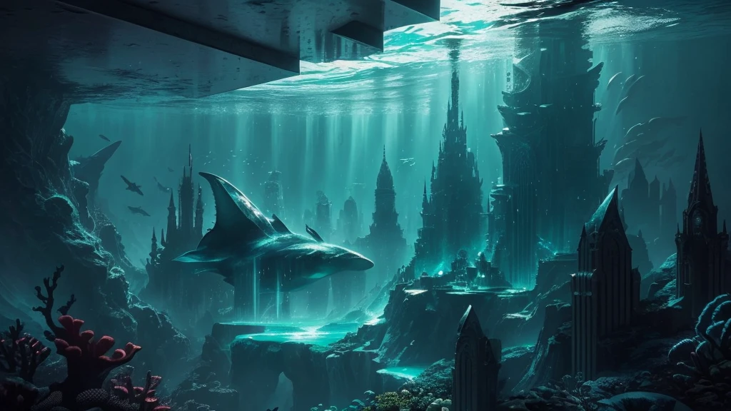 "A high-resolution, realistic, fantastical, and serene deep-sea city scene viewed from the ocean floor looking up towards the water surface. The city is very large with futuristic buildings, domes, and spires, completely submerged in clear emerald green water. The scene has a magical and tranquil atmosphere, with soft glowing lights illuminating the city. The water is deep, creating a darker and more mysterious environment. In the background, the silhouette of a whale can be seen. The city is surrounded by vibrant marine life and coral formations, capturing the enchanting beauty of the underwater city. The theme color is emerald green, highlighting the underwater environment. The aspect ratio is 16:9."