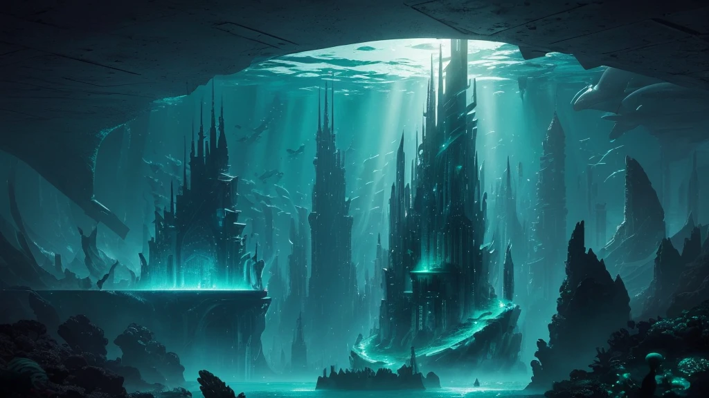 "A high-resolution, realistic, fantastical, and serene deep-sea city scene viewed from the ocean floor looking up towards the water surface. The city is very large with futuristic buildings, domes, and spires, completely submerged in clear emerald green water. The scene has a magical and tranquil atmosphere, with soft glowing lights illuminating the city. The water is deep, creating a darker and more mysterious environment. In the background, the silhouette of a whale can be seen. The city is surrounded by vibrant marine life and coral formations, capturing the enchanting beauty of the underwater city. The theme color is emerald green, highlighting the underwater environment. The aspect ratio is 16:9."