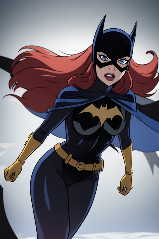 BarbaraG, 1girl, solo, blue cape, mask, belt, gloves, blue eyes, superhero, long hair, bodysuit, lipstick, batgirl