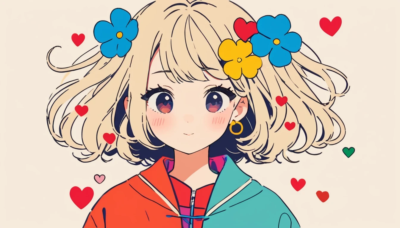 Mika Pikazo style, Simple Line Initialism,Abstract art,stylish Design, The most beautiful girl of all time、colorful hearts, colorful flowers,